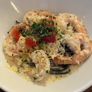 Squid Ink linguine with shrimp in a light cream sauce