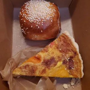 Beef and Cheddar Polish roll, and Bacon, Peppers and Swiss Quiche- both were good!