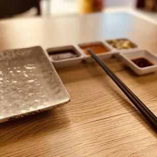 chopsticks, sauces, and condiments