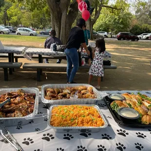Half tray grilled chicken, half tray glazed chicken, half tray java rice