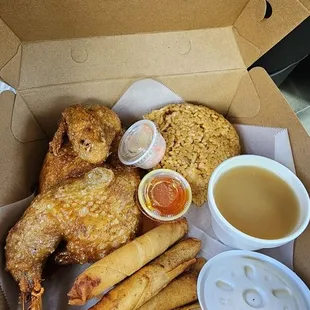 Fried chicken plate w/ pork lumpia and Java rice (extra .25)