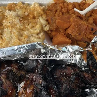 B-Que Jerk Wings Mac and Cheese Yams