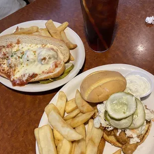 Cod sandwich and meatball sandwich