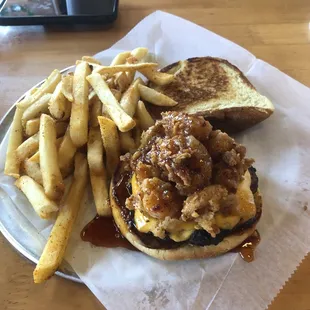 "Swamp Burger"-burger with fried shrimp and creole sauce (to die for).
