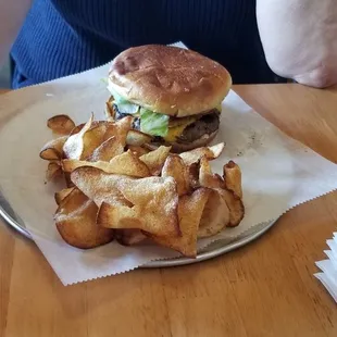 Comeback Burger w/fresh cooked spicy potato chips. Burger is totally delicious although the chips are moderately hot with seasonings