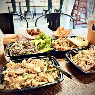 Drunken noodles, Pad thai, Papaya salad, Beef laab, Savory chicken wings, eggrolls, crab rangoon, Thai tea, and Pearl &amp; rubies.