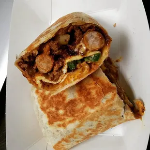 Breakfast Burrito with sausage, chorizo &amp; jalapeno!