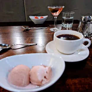 a cup of coffee and two scoops of ice cream