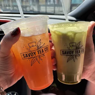 Peach honey lemon tea and matcha latte (seasonal offering) with coconut milk