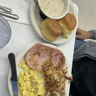 Ham and eggs with side of biscuits and gravy
