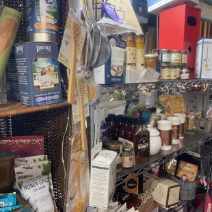 a shelf full of food items