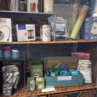 a wicker shelf full of items