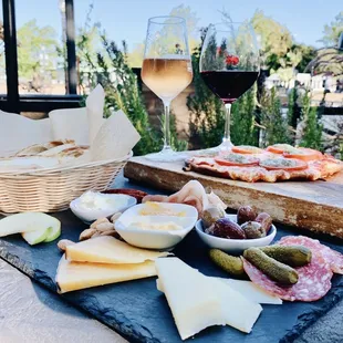 Charcuterie Assortment Margherita Warm Flatbread FR Rosé Trousseau/Pinot Noir, NV Dom. Ligier Pere &amp; Fils Crémant du Jura