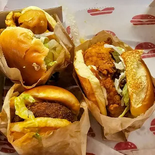 From top clockwise, cod, fried Original chicken and crab cake.
