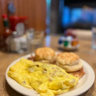 an omelet and biscuits