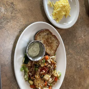 Grilled Veggie Hash, Gluten-Free Toast, and Scrambled Eggs