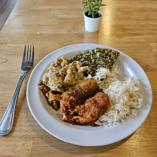 Baba ganoush, pita, cabbage rolls and basmati rice