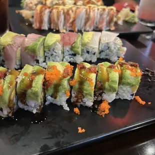 Dragon Roll (forefront) and Rainbow Roll (back) on the front plate. Maybe the KC roll and another on the back plate.