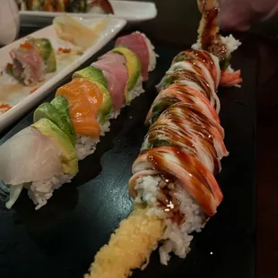 Rainbow roll on the left, out of control roll on the right.
