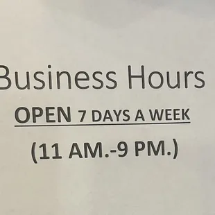 We will open at 11-9pm every day.