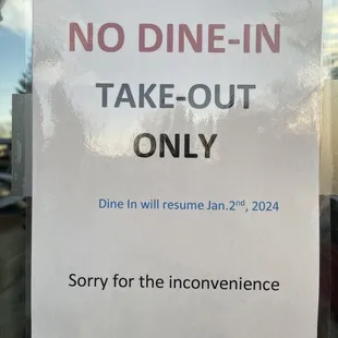 Temporarily serving take out only until 1/2/2924