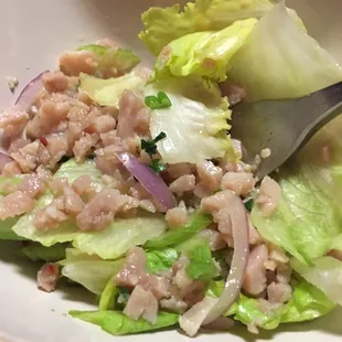 Larb - salad with ground pork, lettuce, celery &amp; cilantro like dressing.
