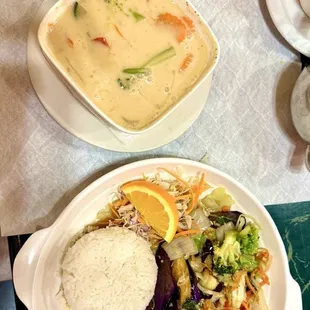 Coconut, vegetable soup. Eggplant dish.