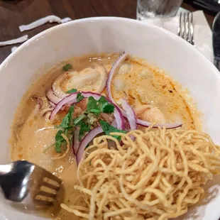 Khao Soi Curry  (Calamari, shrimp, scallops, mussels and a coconut yellow curry 5/5)