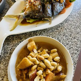 Top to bottom: whole pompano fish &amp; mas sa mun curry with chicken