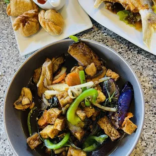 Eggplant stir fry with fried tofu