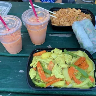 Yellow curry, chicken pad thai, and Thai tea