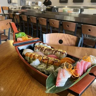 a sushi boat on a table