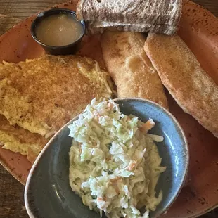 Perch, dinner with potato pancakes, coleslaw and Ryebread .