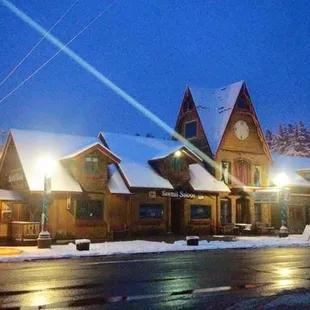 the exterior of the lodge at night