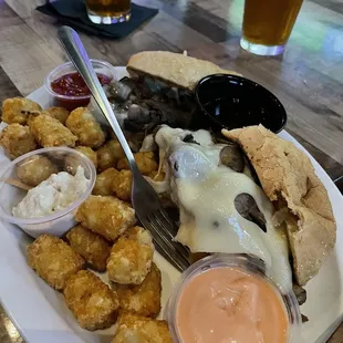 Swiss French Dip with Horsey and Tots!