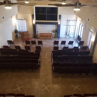 View from the Private Lounge. Chapel arranged for social distancing due to COVID-19.