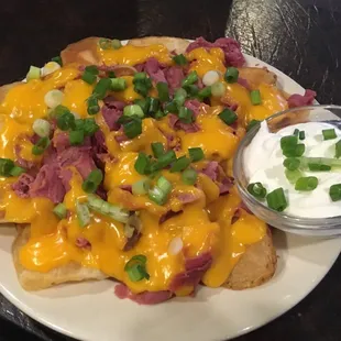 Corned Beef Irish Nachos made with potatoes!