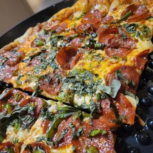 Thin crust pizza-- ask for basil!