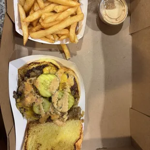 Crispy French fries and double cheeseburger
