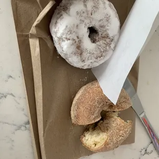 Powdered and cinnamon sugar doughnuts