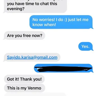 Text exchange when I first booked Karisa, and gave her the $500 deposit.