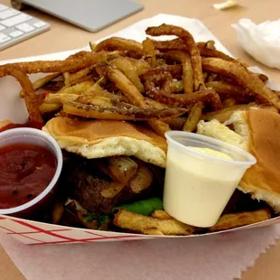 Akaushi beef sliders w/ caramelized onions &amp; bleu  cheese and duck fat fries