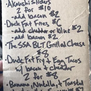 Handwritten say-she-ate menu.
