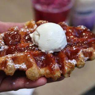 a waffle with ice cream on top