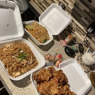 Pad Thai, fried rice and chicken.