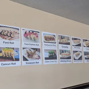 a variety of sushi dishes displayed on a wall