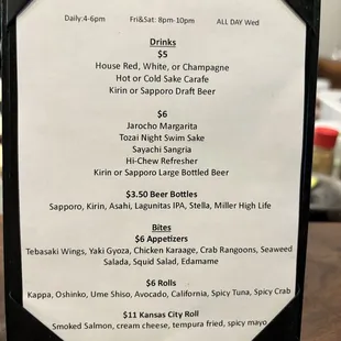 Happy hour menu! (Updated as of May 2024)