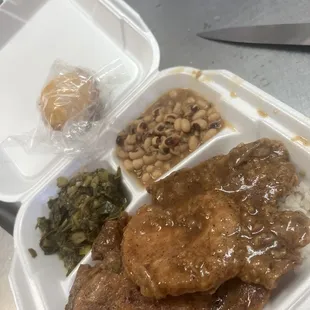Smothered Porkchops w/ Collards &amp; Blake Eyed Peas