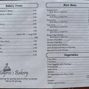 Sayroo&apos;s Bakery Menu- Bakery Items, Main Menu, and Vegetables