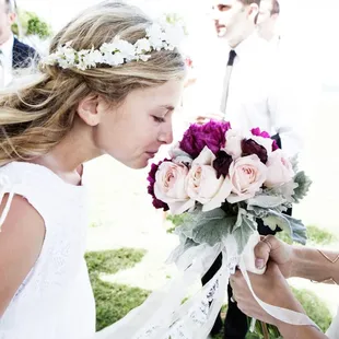 Bridal Bouquet. Style: Hand Tied - Open Color Scheme: Lace and Satin Thin Ribbon. Deep red, blush pinks, touches of white.